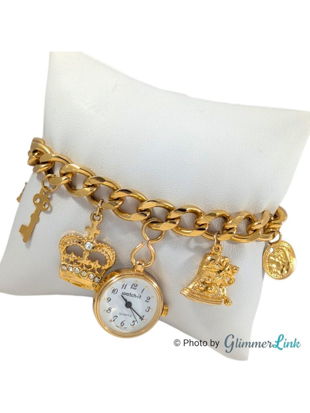 Vintage Watch-It Gold Tone Charm Bracelet Watch Rhinestone Crown Heart 7 1/2"